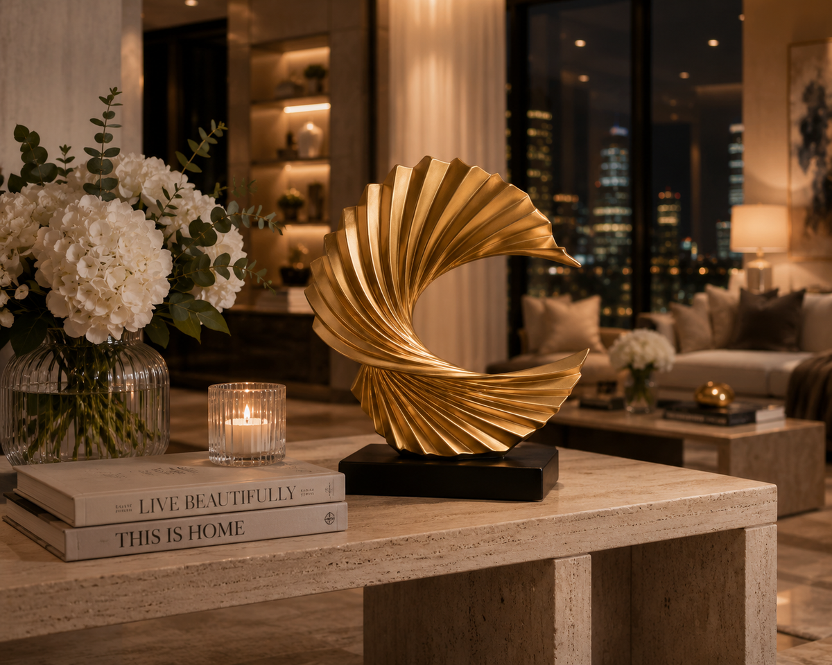 Gold Curved Wave Sculpture