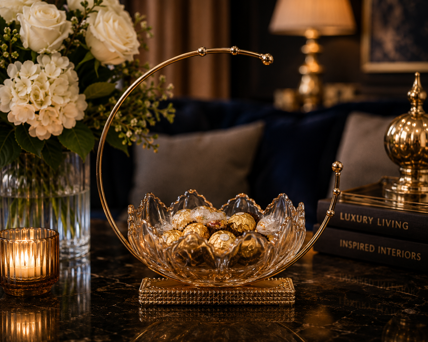 Gold Handle Crystal Curved Bowl
