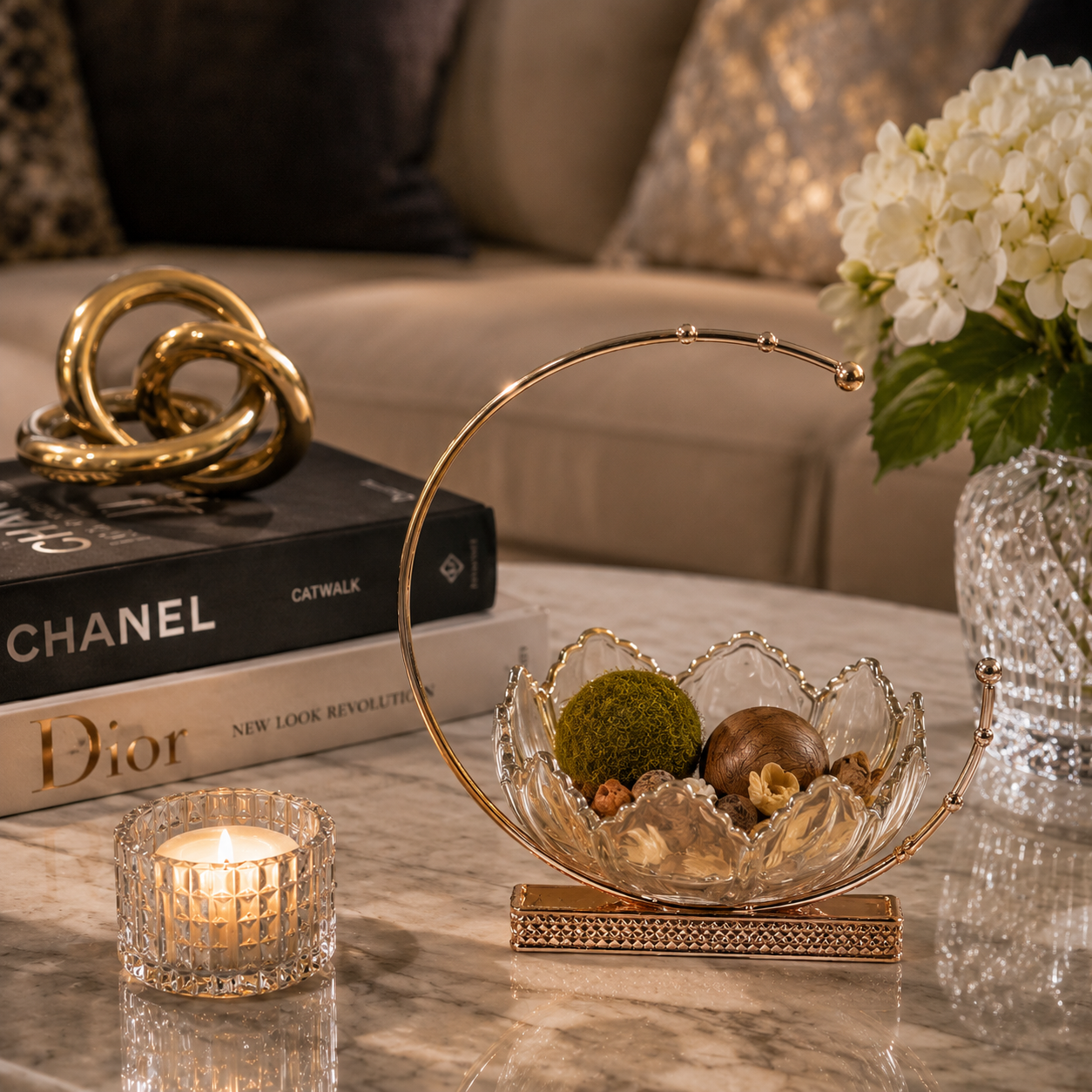 Gold Handle Crystal Curved Bowl