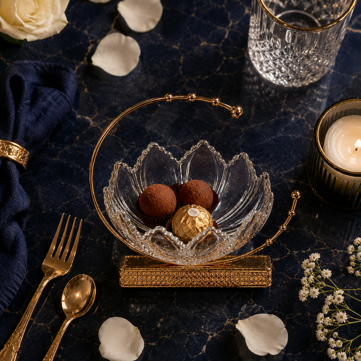 Gold Handle Crystal Curved Bowl