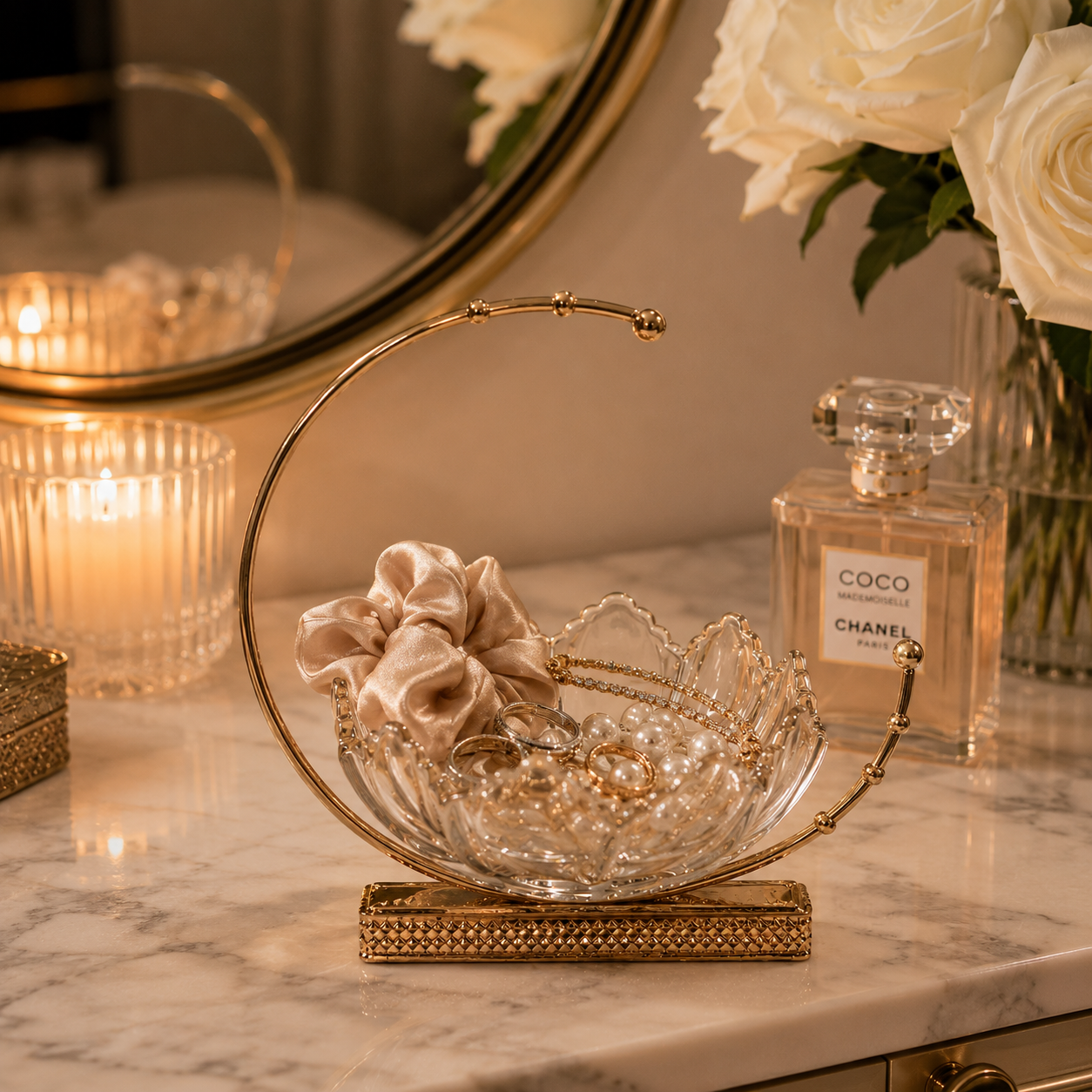 Gold Handle Crystal Curved Bowl