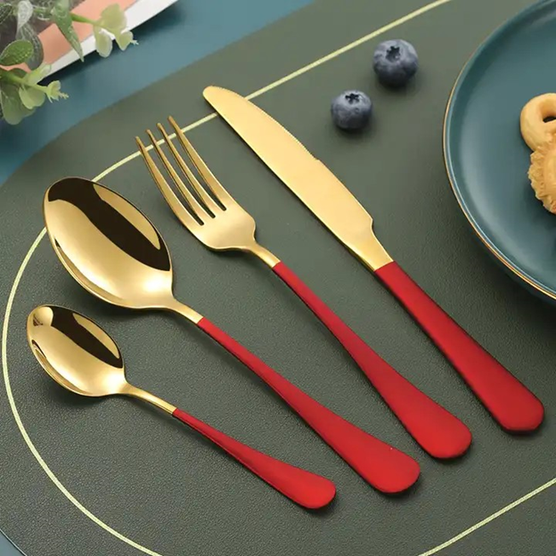 Red & Gold Flatware Set | Contemporary Cutlery Set | FS Luxe Creations