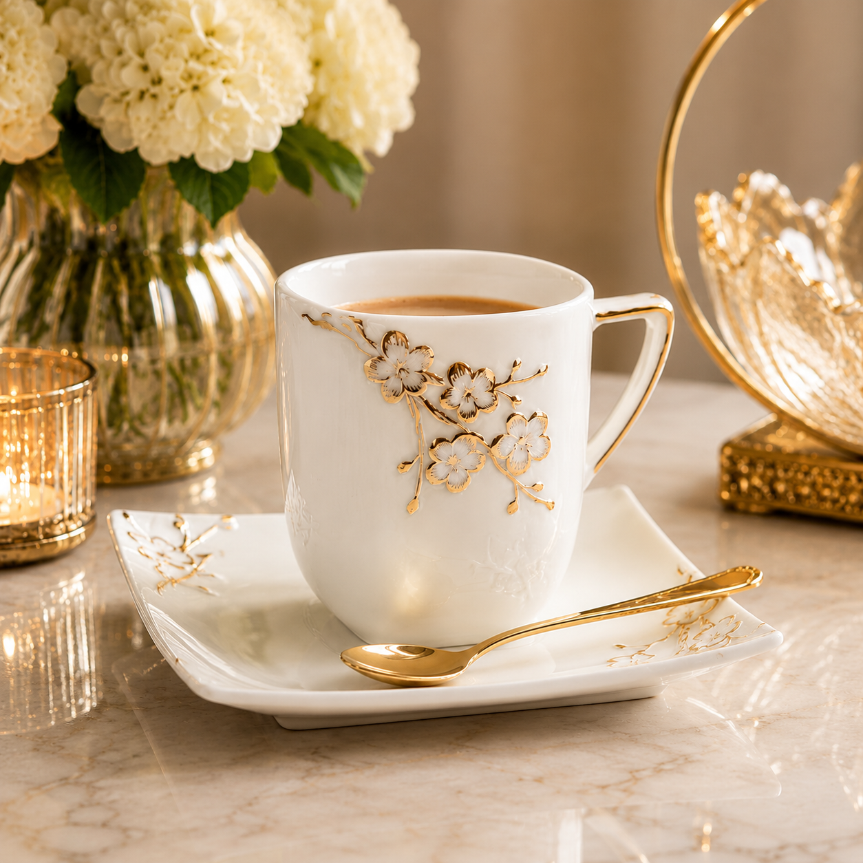 White & Gold Floral Luxury Mug